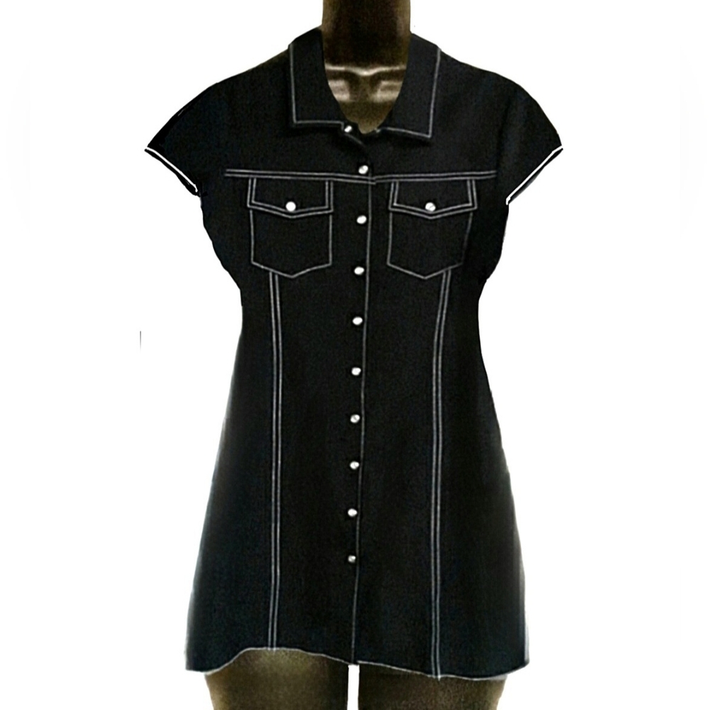Vtg 90s JALATE blk  white contrast embroidy MOP buttons western shirt dress 10